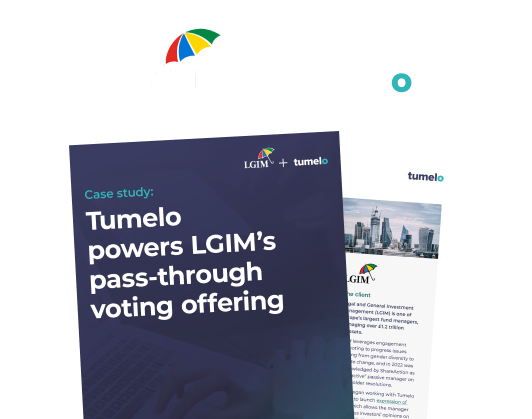 The cover of a case study PDF about LGIM's partnership with Tumelo to provide pass-through voting for Camden Council.
