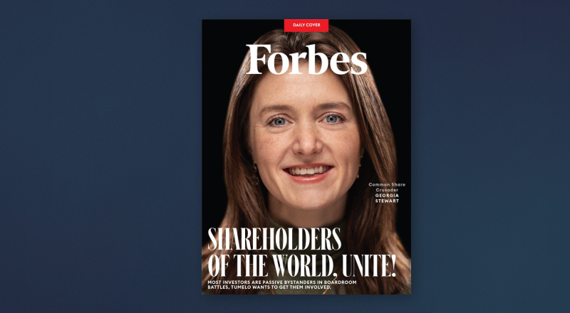 Tumelo and Georgia on the cover of Forbes magazine UK. Voting technology and shareholders article
