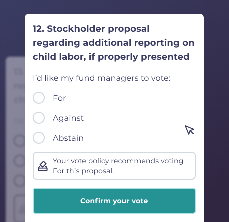 Visual example of expression of wish on a shareholder proposal. A Tumelo product for Fund Managers