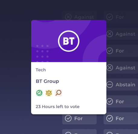 Pass-through voting technology. Visual of a vote card from the Tumelo platform