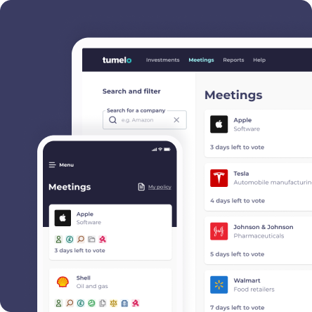 Tumelo pass-through voting products shown on a mobile and desktop screen. These products are designed for fund managers, covering retail and institutional. 