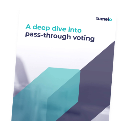 PDF cover of Tumelo's white paper on pass-through voting – February 2023, Titled: A deep dive into pass-through voting