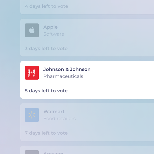 AGMs of companies Apple, Johnson & Johnson and Walmart are shown in a list. The Johnson & Johnson AGM being selected.