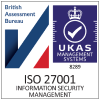 Certification badge for ISO 27001 comprising of the British Assessment Bureau logo and UKAS Management System logo.