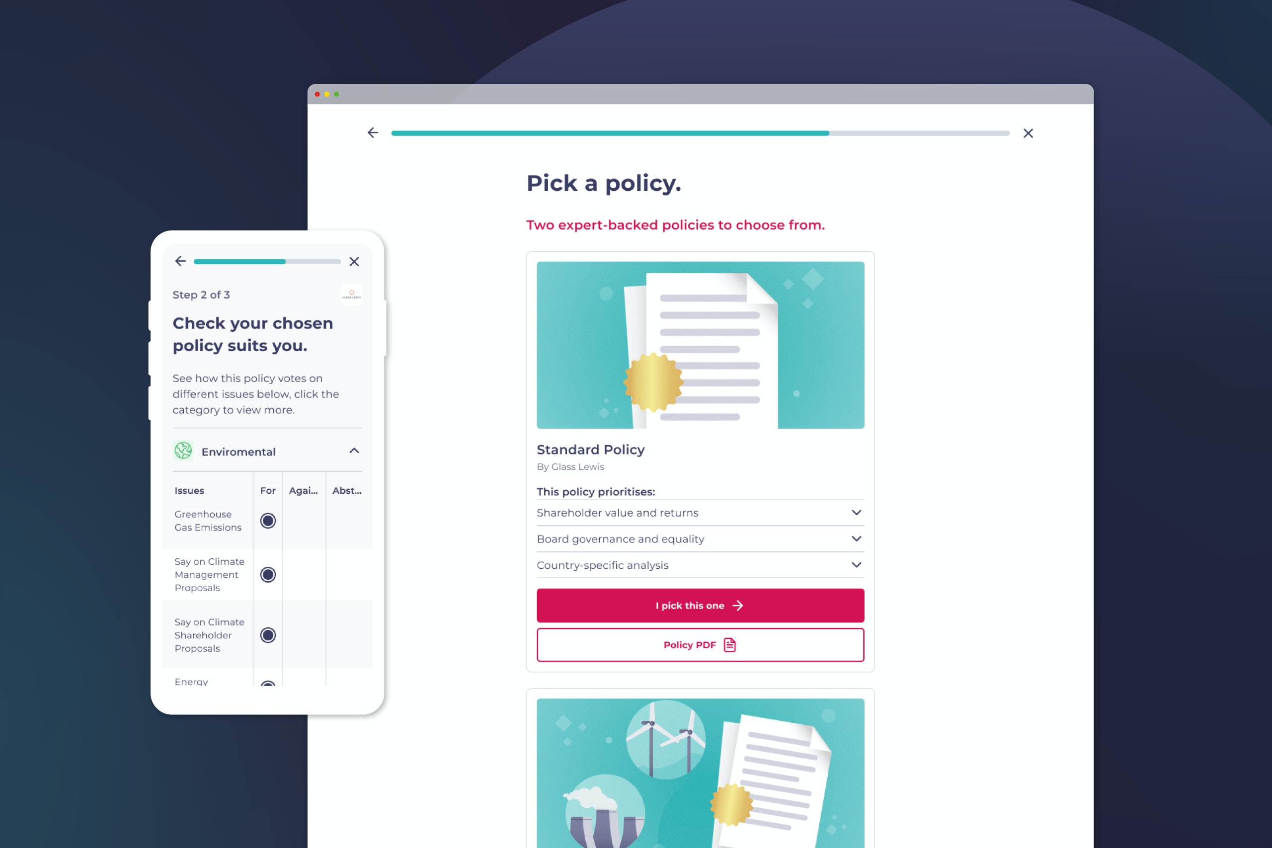 Policy picker on the Tumelo product, with mobile and desktop views