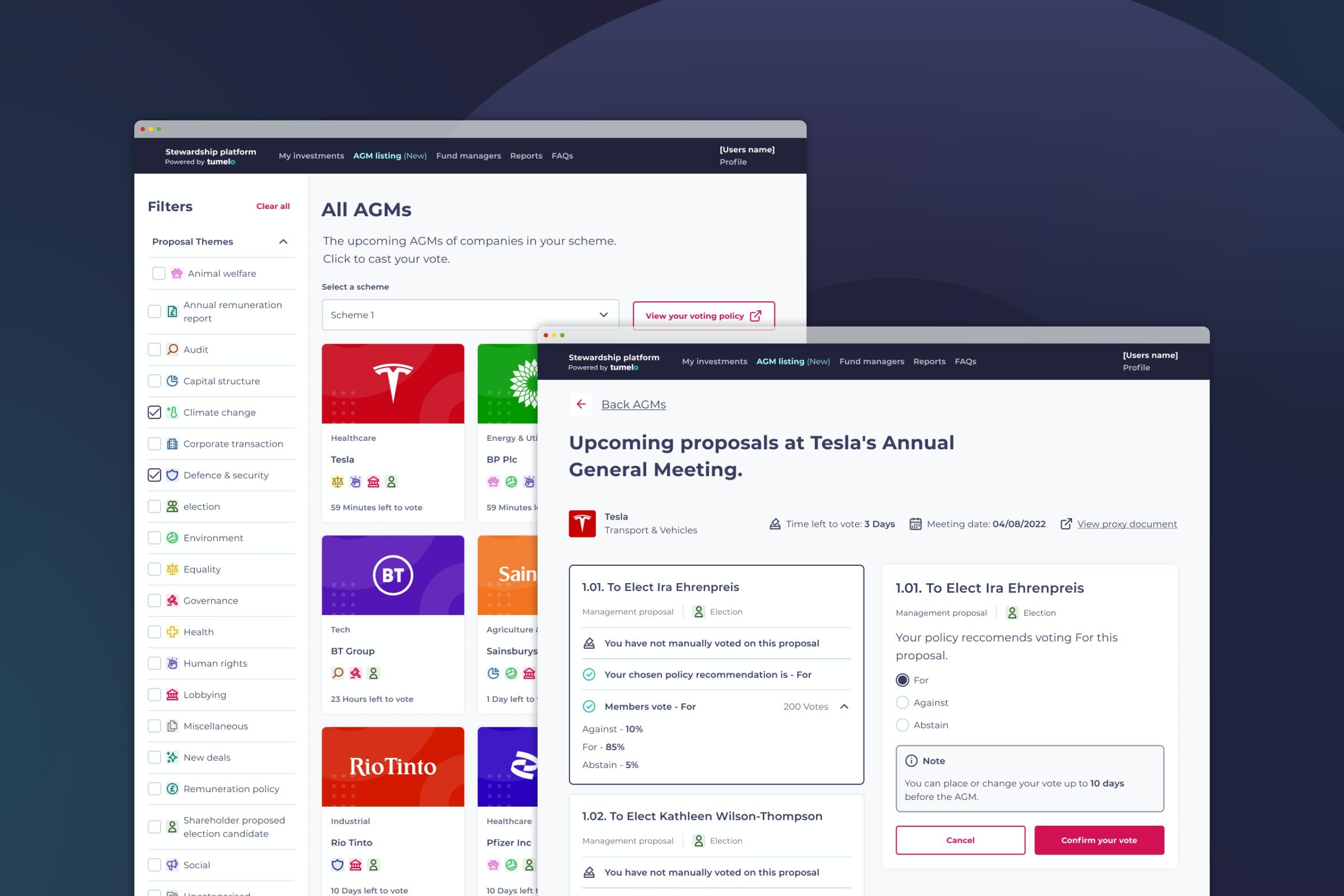 Tumelo's Stewardship dashboard, showing voting features and AGM listings